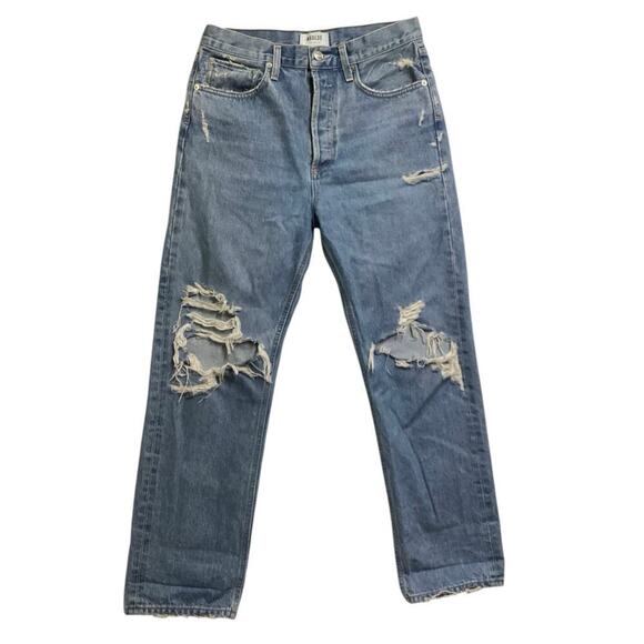 Agolde 90's Mid Rise Loose Fit light wash distress Jeans Size 27 - Picture 1 of 5